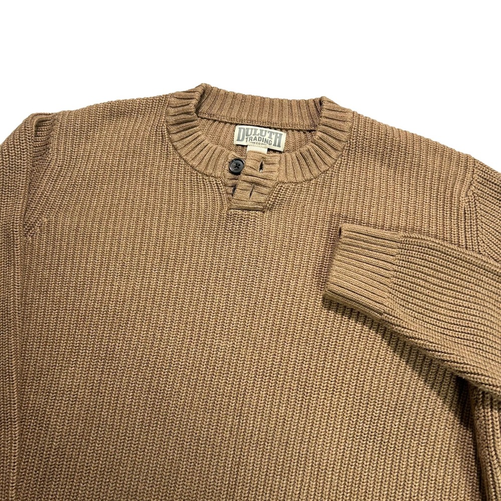 Duluth Trading Co Henley Sweater Mens XL Brown Rib Knit Chunky Cotton 20064078